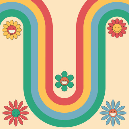 Groovy background with daisy flowers and rainbow. 70s Hippie retro style. Vector illustrationのイラスト素材