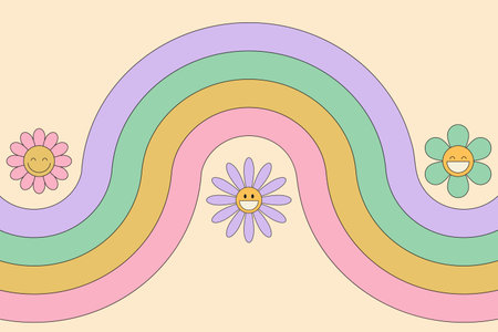 Groovy background with rainbow and smiling daisy flowers. 60s 70s Hippie retro style. Vector illustrationのイラスト素材