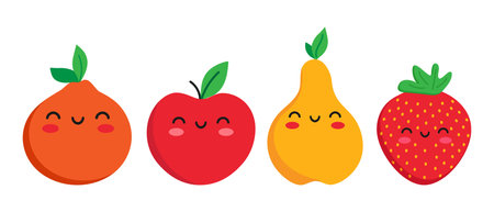 Cute cartoon smiling fruit characters. Childish style. Fruit icons. Vector illustrationのイラスト素材