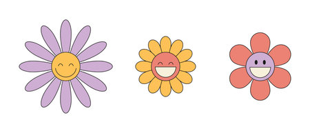 Smiling groovy daisy flower characters set. Hippie retro style. Flower icons. Vector illustrationのイラスト素材