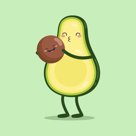 Cute cartoon character Avocado kissing the baby. Flat style. Vector illustrationのイラスト素材