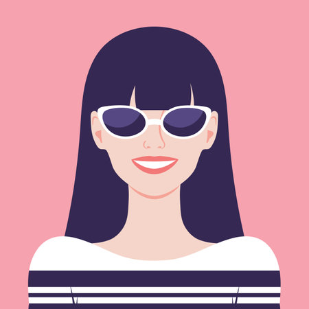 Happy smiling young woman wearing sunglasses. Portrait or avatar of a girl with long bangs hair in sunglasses. Vector illustrationのイラスト素材