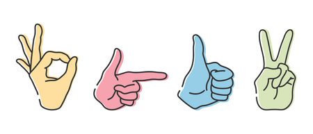 Hands with gestures OK, peace sign, thumb up and pointing index finger. Line icons set isolated on white background. Vector illustrationのイラスト素材