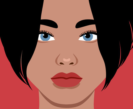 Close up portrait of a beautiful African woman with bob haircut. Full face female portrait. Red lips. Vector illustrationのイラスト素材