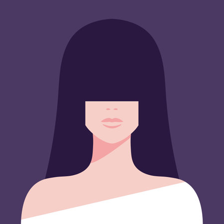 Abstract woman portrait. Brunette female with long bangs hair covering her eyes. Vector illustrationのイラスト素材