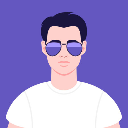 Portrait of a beautiful young man in sunglasses and T shirt. Avatar for social media. Vector illustrationのイラスト素材