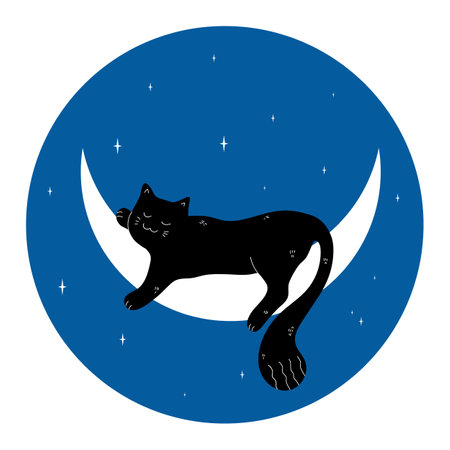 Cute black cat sleeping on a crescent on blue night sky background. Vector illustrationのイラスト素材