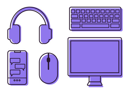 Technology home office line icons set. Computer monitor, keyboard, mouse, headphones and smartphone icons. Vector illustrationのイラスト素材