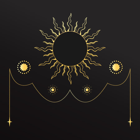 Golden celestial emblem with a sun decorated with a garland. Mystery, astrology, esoteric concept. Vector illustrationのイラスト素材