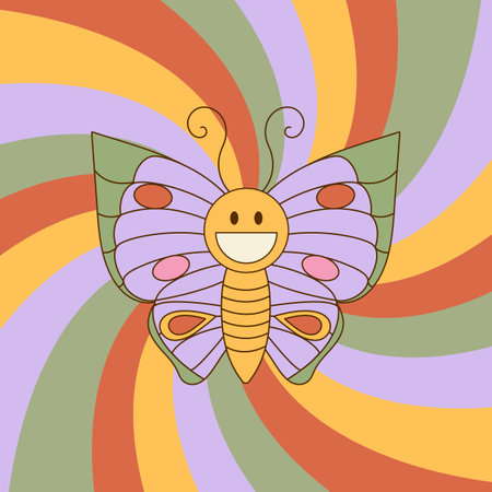 Groovy background with smiling butterfly and swirl sunburst rays. 70s Hippie retro style. Vector illustrationのイラスト素材