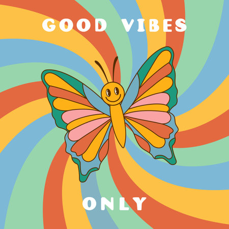 Groovy background with smiling colorful butterfly and swirl sunburst rays. Hippie retro style. Good vibes only. Vector illustrationのイラスト素材