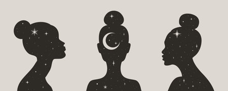 Abstract celestial women profiles in boho style. Female silhouettes decorated with crescent and stars. Vector illustrationのイラスト素材