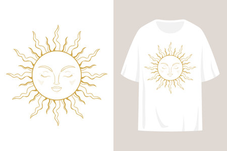 T shirt print design with a golden magical sun symbol outline. Sun with human face and closed eyes. Vector illustrationのイラスト素材
