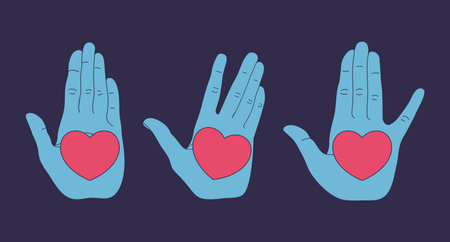 Set of human hands with a heart on open palm. Heart on hand. Vector illustrationのイラスト素材