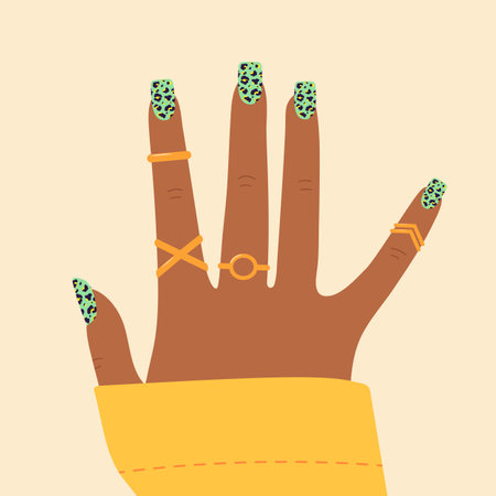 Woman hand with leopard print nail design. Bright colorful manicure designのイラスト素材