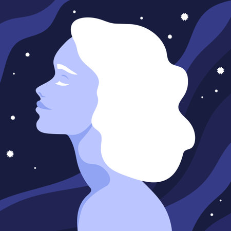 Woman profile with closed eyes on night sky background. Portrait or avatar of a young female side view. Calm and peaceful girl. Vector illustrationのイラスト素材