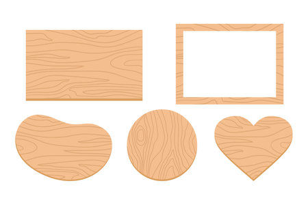 Wooden shapes in geometric forms, smooth figure and heart, wooden frame. Cartoon imitation of a wood. Vector illustrationのイラスト素材