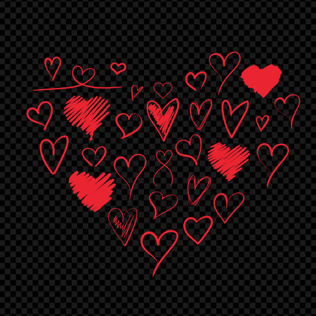 Hand drawn heart of hearts on dark transparent background. Doodle simple hearts in different shapes. Vector illustrationのイラスト素材