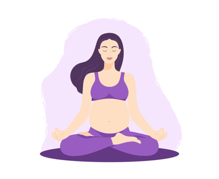 Smiling pregnant woman sitting in lotus pose. Meditating pregnant female practicing perinatal yoga. Healthy pregnancy conceptのイラスト素材