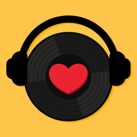 Vinyl record disk with heart in headphones. Love music. Emblem in flat design. Vector illustrationのイラスト素材