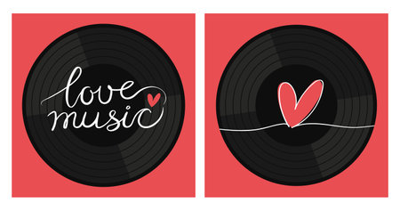 Vinyl record disk with heart and phrase Love music. Retro vintage emblem of music lover in flat design. Vector illustrationのイラスト素材