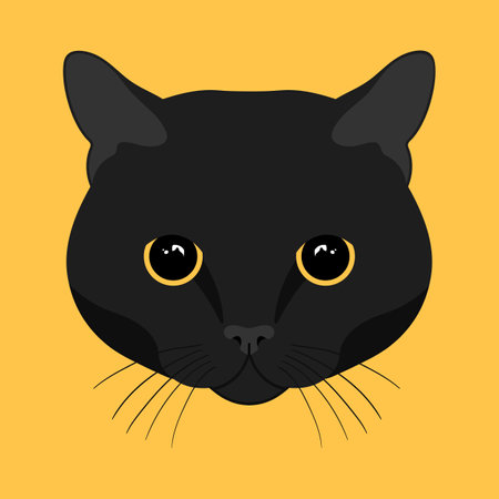 Black cat head on yellow background. Feline face. Black cat with big yellow eyes. Vector illustrationのイラスト素材