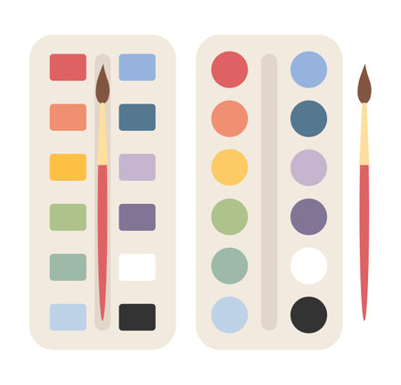 Bright paints in box with paint brush. Color palette. Painting tools, art supplies. Vector illustrationのイラスト素材