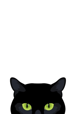Peeking black cat with green eyes isolated on white background. Cat hides and peeks. Vector illustrationのイラスト素材