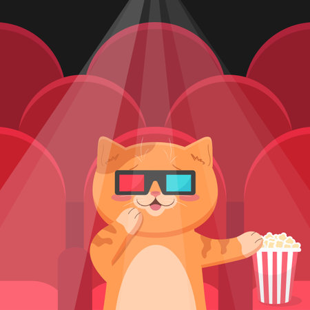 Cute ginger cat in 3d glasses sitting in movie theater and eating popcorn. Cat watching a movie in movie hall with red seats and spotlight. Cute cartoon character. Vector illustrationのイラスト素材