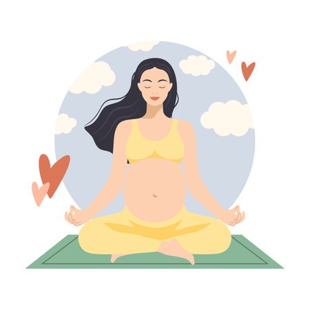 Happy pregnant woman sitting in lotus pose. Pregnant female doing yoga. Pregnant woman meditates. Healthy pregnancy conceptのイラスト素材