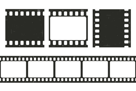 Old retro movie film strip set with grunge texture isolated on white background. Film strip templates. Cinema and filmmaking concept. Vector illustrationのイラスト素材