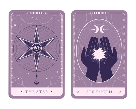 Magical celestial tarot cards of Major Arcana. Tarot symbols The Star and Strength. Mystery, astrology, alchemy. Vector illustrationのイラスト素材