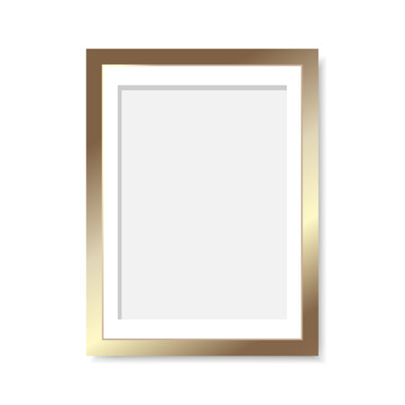 Modern golden colored picture frame isolated on white background. Minimalist photo frame. Frame border for poster, painting, photo. Vector illustrationのイラスト素材