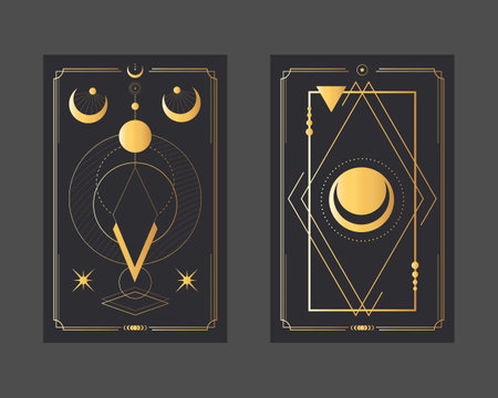 Golden magical tarot cards with geometric shapes, stars and crescents. Mystery, astrology, alchemy. Vector illustrationのイラスト素材