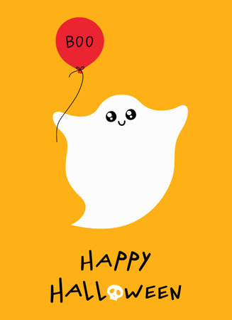Halloween greeting card with a cute ghost holding red balloon Boo and with hand lettering quote. Vector illustrationのイラスト素材