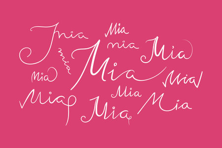 Female name Mia written in different scripts. Girls name Mia handwritten lettering calligraphy. Vector illustrationのイラスト素材