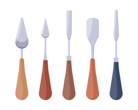 Set of palette knives of different shapes. Equipment for applying paint to canvas, mixing colors, smoothing. Vector illustrationのイラスト素材