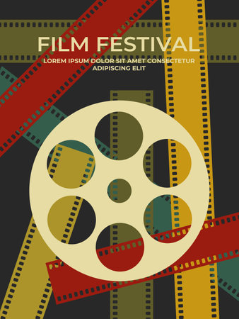 Film festival retro poster template design with colored film strips. Movie film cinema concept. Vector illustrationのイラスト素材