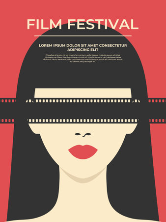 Film festival poster with woman face with filmstrip covering her eyes. Movie film cinema concept in retro style. Vector illustrationのイラスト素材