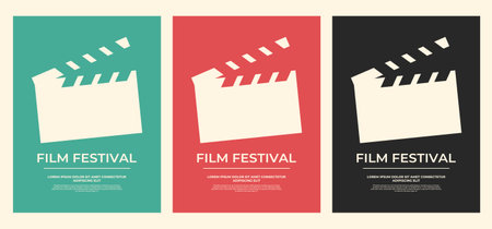 Film festival posters set with clapper board, film slate silhouette. Movie film poster design in retro style. Vector illustrationのイラスト素材
