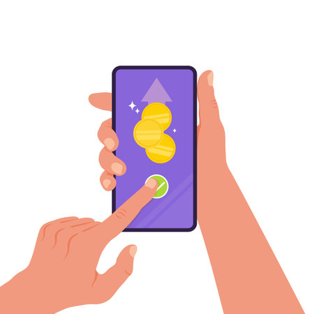Hands holding phone. Online money transaction concept. Mobile payment, transfer, online transactions, cashback. Vector illustrationのイラスト素材