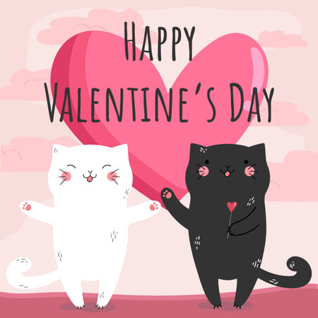 Valentine card with two hand drawn cats in love with heart on pink sunset background. Vector illustrationのイラスト素材