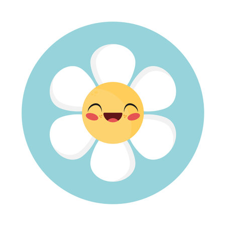 Happy flower icons in flat design. Cute cartoon chamomile flower in childish style. Vector illustrationのイラスト素材