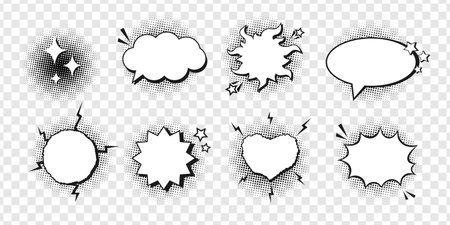 Set of various empty comic speech bubbles decorated with black halftone shadow in pop art style. Different shapes and elements. Vector illustrationのイラスト素材