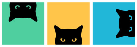 Peeking black cats with different eye colors set. Curious cats looking out. Cute black cat face. Vector illustrationのイラスト素材