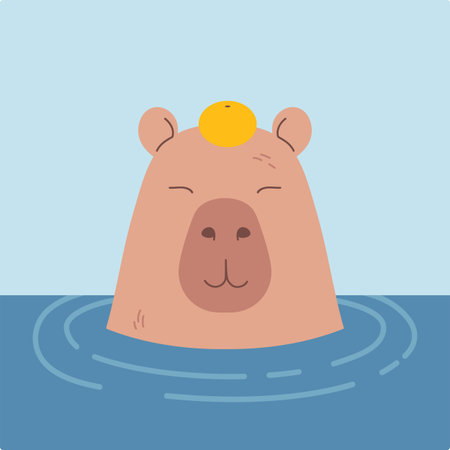 Cute calm capybara in water with tangerine on a head. Vector illustrationのイラスト素材