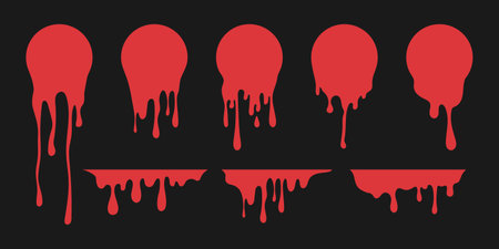 Flowing dripping blood splash circles, stains, splatter on dark background. Vector illustrationのイラスト素材