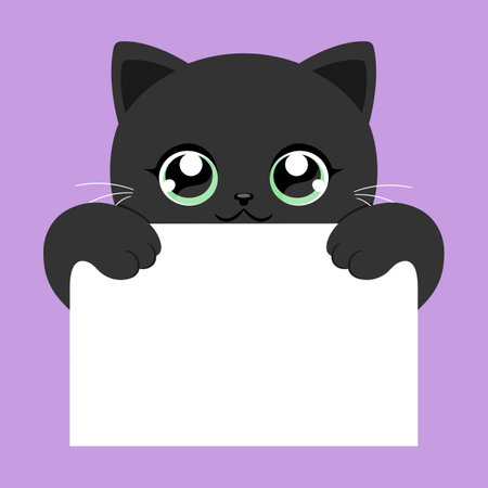Cute black cat holding blank paper banner with copy space for text. Vector illustrationのイラスト素材