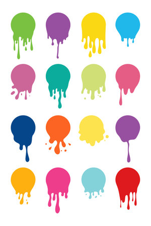 Colored melt drip paint circles set. Paint round splashes with drops, liquid shape, stains isolated on white background. Colorful paint fluidのイラスト素材