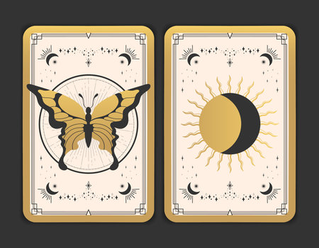 Tarot card design with butterfly, sun and crescent symbols. Magical esoteric Tarot card border template design set. Vector illustrationのイラスト素材